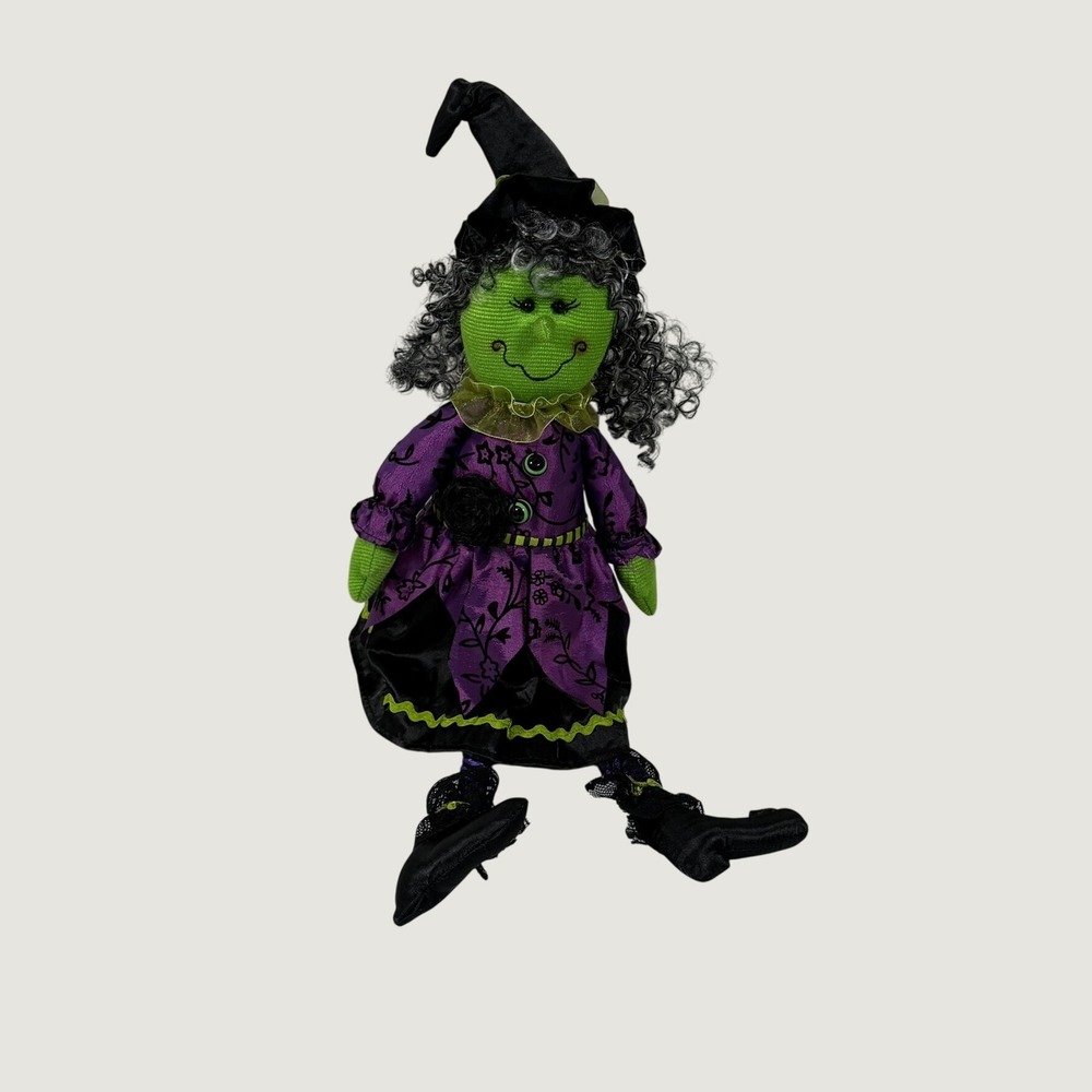 Halloween Witch Doll Plush Purple Black Green Floral Decor 20" Spooky Seasonal